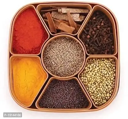 DREEMVIZION CREATION Multipurpose 7 In 1 Plastic Masala Rangoli Dabba Box Set with Spoon, Spice Box Set Wooden Style Plastic Spice Organizer-thumb2