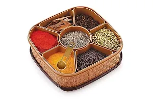 DREEMVIZION CREATION Multipurpose 7 In 1 Plastic Masala Rangoli Dabba Box Set with Spoon, Spice Box Set Wooden Style Plastic Spice Organizer-thumb2