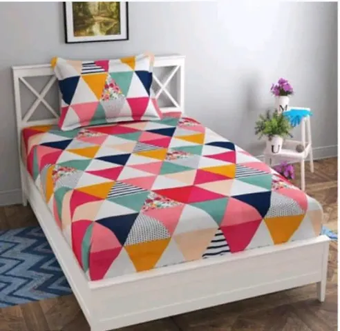 WELLNEST? Elastic Fitted 100% Cotton Feel Printed King Size Double Bed Bedsheet with 2 Pillow Cover (72""x78"" Upto 6"" Mattress)