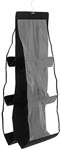 CLICKUS 6 Pocket Foldable Hanging Purse Handbag Organizer for Storage Ladies Women Large Clear Hand Bag Storage Organizer (Black)-thumb4