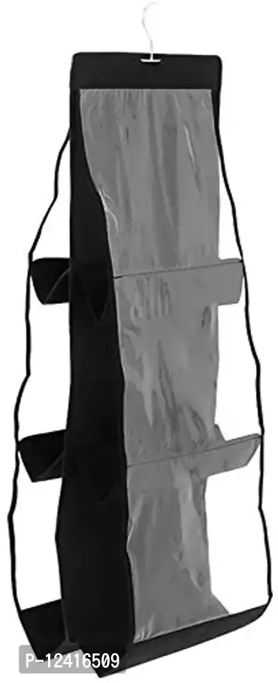 CLICKUS 6 Pocket Foldable Hanging Purse Handbag Organizer for Storage Ladies Women Large Clear Hand Bag Storage Organizer (Black)-thumb5