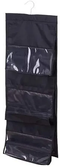 CLICKUS 6 Pocket Foldable Hanging Purse Handbag Organizer for Storage Ladies Women Large Clear Hand Bag Storage Organizer (Black)-thumb2