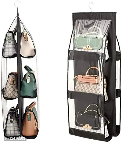 CLICKUS 6 Pocket Foldable Hanging Purse Handbag Organizer for Storage Ladies Women Large Clear Hand Bag Storage Organizer (Black)-thumb0
