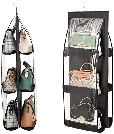 CLICKUS 6 Pocket Foldable Hanging Purse Handbag Organizer for Storage Ladies Women Large Clear Hand Bag Storage Organizer (Black)