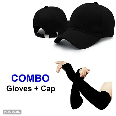 Caps  gloves combo |plain black cap|arm sleeves with cap|cotton black cap | fashion cap |designer cap | cap for men women |cap for girls women | adjustable cap | baseball cap | sports cap | summer ca-thumb0