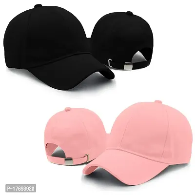 Phirsein Pack of 2 Black and pink adjustable summer cotton baseball sports cap combo for men women-thumb0