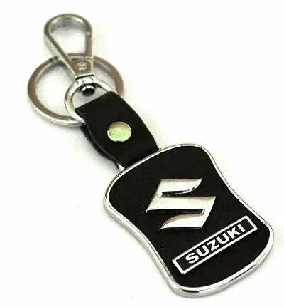 FULLKART vintage KeyChain, Leather Square Chrome Key Ring Accessories Keyring with Logo for car Scooter & Bikes (Black & Silver )