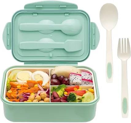 Latest Trendy Lunch Box Multi Section, Air Tight, BPA Free, Easy to Clean, Tiffin Box for School Office College, Snack Box (3 Section Green, Plastic)