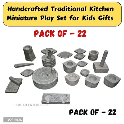 Limrah Handcrafted Traditional Home decor Soapstone Kitchen Miniature Play Set for Kids Without Sharp Edges (Small - 22 Pcs), Stone Miniature Kitchen Set for Kids (Set of 22), Pooja and Grahapravesam,-thumb0