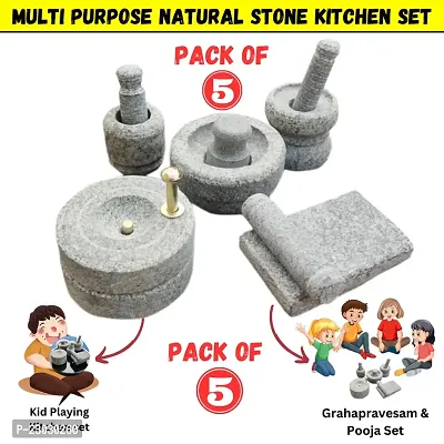 Limrah Naturual Miniature Kitchen Set for Kids, Pooja and Grahapravesam, Traditional Home, Grinding Stone, Kitchen Playsets (Medium Size), (Set of 5) Grey