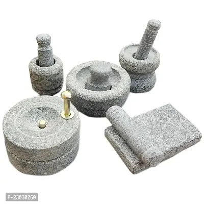 Limrah Naturual Miniature Kitchen Set for Kids, Pooja and Grahapravesam, Traditional Home, Grinding Stone, Kitchen Playsets (Medium Size), (Set of 5) Grey-thumb2