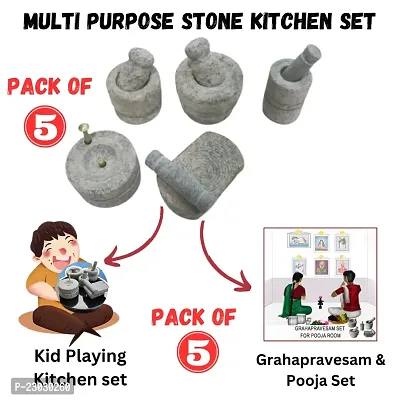 Limrah Naturual Miniature Kitchen Set for Kids, Pooja and Grahapravesam, Traditional Home, Grinding Stone, Kitchen Playsets (Medium Size), (Set of 5) Grey-thumb4