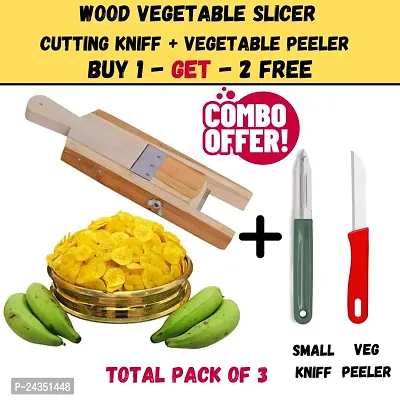 Limra Natural Wood Vegetable Slicer, Banana Potato Chips in Pantry Cutter Wooden Handled SlicerTool Vegetable  Fruit Scraper (Pack of 1), Free Kniff and Peeler (Pack of 2)