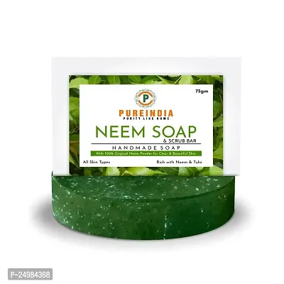 PureIndia HandmadeNeem Soap  Scrub Bar For Dark Spots-Minimizes Open Pores-Removes Impurities, 100-gm Pack of -3