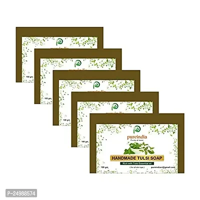 PUREINDIA Handmade TULSI Anti ageing Soap, Pack of 5(100gm) for Brighten complexion, Oil Control, Acne and Blackheads.-thumb2