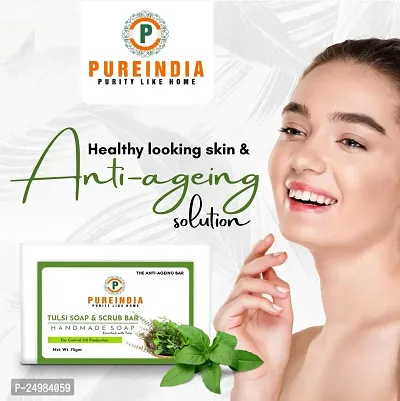 PUREINDIA Handmade TULSI Anti ageing Soap, Pack of 5(100gm) for Brighten complexion, Oil Control, Acne and Blackheads.-thumb4