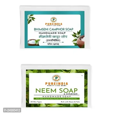 Pureindia Handmade Bhimseni Camphor soap pack of -2  Fresh Neem Soap Pack Of-2 | With Original Bhimseni Camphor| With Original Neem |Daily Bathing Bar |Total -4 Soaps, 100gm Each.
