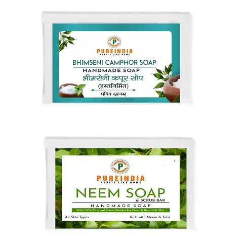 Pureindia Handmade Bhimseni Camphor soap pack of -2  Fresh Neem Soap Pack Of-2 | With Original Bhimseni Camphor| With Original Neem |Daily Bathing Bar |Total -4 Soaps, 100gm Each.