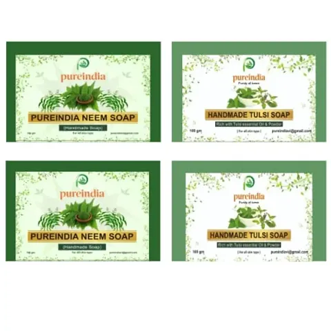 PUREINDIA Handmade Pure Neem  Tulsi Soap (pack of 4)100gm each.Bathing/Face Wash soap For- Removes Excessive Oil  Helps with Acne. (2 Neem Soap  2 Tulsi Soap)