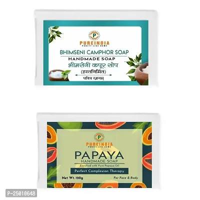 Pureindia Handmade Bhimseni Camphor soap pack of -2  Fresh Papaya Soap pack Of -2 | For A fresh Start of Day. Totaol -4 Soap,100gm Each.-thumb0