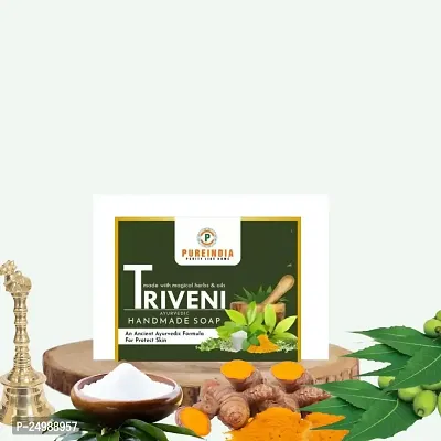 Pureindia Handmade TRIVENI Ayurvedic Bathing Bar,Made with Neem-Kapoor-Turmeric, For Body Care, Made with Magical 11 herbs,100gm-Pack Of 3-thumb0