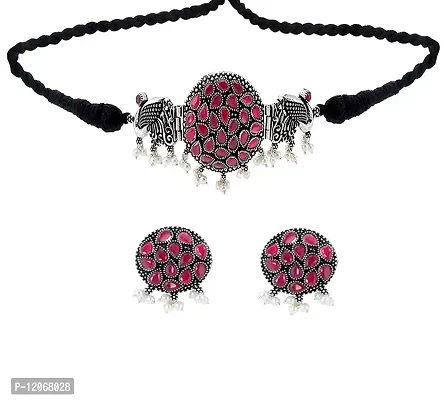 Total Fashion Silver Oxidised Ruby Stone Work Choker Jewellery Necklace Set for Girls & Women-thumb0