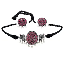 Total Fashion Silver Oxidised Ruby Stone Work Choker Jewellery Necklace Set for Girls & Women-thumb3