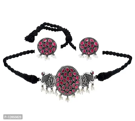 Total Fashion Silver Oxidised Ruby Stone Work Choker Jewellery Necklace Set for Girls & Women-thumb4