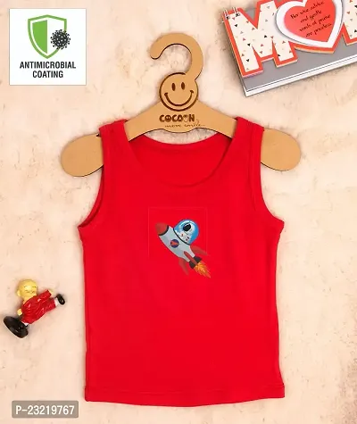 Cocoon Organics 100% Cotton Fabric Chest Rocket Printed Sleeveless Sando Vest and Round Neck for Baby Boys Red-thumb2