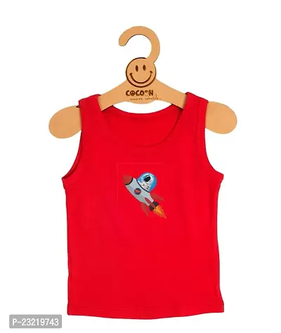 Cocoon Organics 100% Cotton Fabric Chest Rocket Printed Sleeveless Sando Vest and Round Neck for Baby Boys Red-thumb0