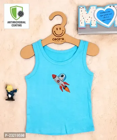 Cocoon Organics 100% Cotton Fabric Chest Rocket Printed Sleeveless Sando Vest and Round Neck for Baby Boys Blue-thumb2