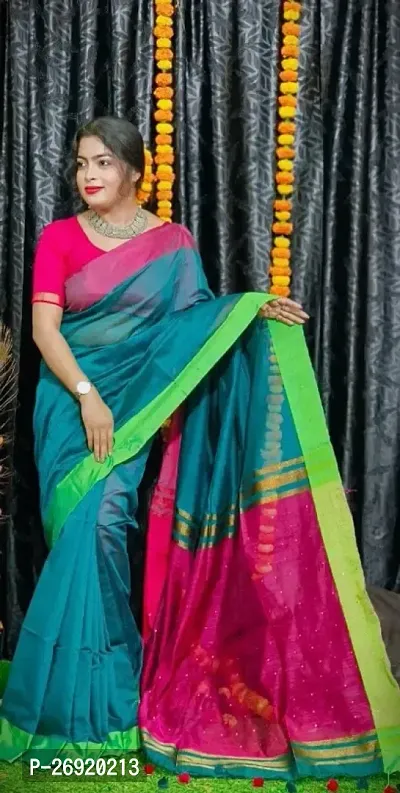 Stylish Handloom Cotton Silk Saree Sequence Pallu With Contrast BP