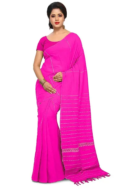 Tant Ghar Women's Cotton Normal khesh Saree with printed blouse(PINK)5N