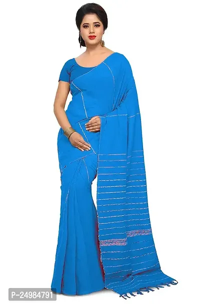 Tant Ghar Women's Cotton Normal khesh Saree with printed blouse(blue)6N