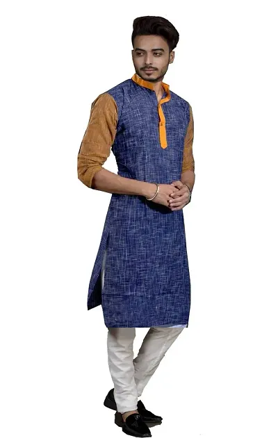 Tant Ghar Men's Solid Khadi Handloom Premium 100% Ethnic Full Sleeve desigen Stripe Kurta for Men