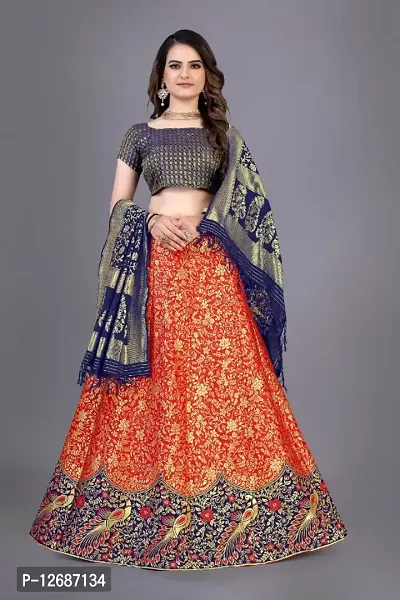 Green Silk Printed Semi Stitched Lehenga With Unstitched Blo