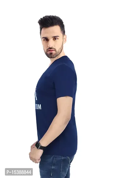 Men Printed Navy Cotton Blended Round Neck Half Sleeve T-Shirt-thumb3