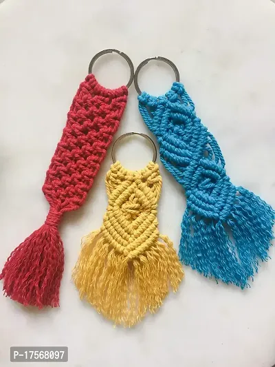 Hasta Kaushal Boho Macrame Keychain or Bag Accessories (Set of 3) (Red Yellow Blue)