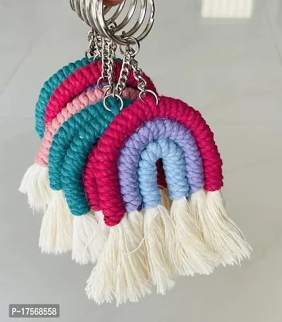SUTRAM Macrame Rainbow Keychain for bike, home, office, kids, Gift - Set of 2 (Multicolor - Pink)-thumb3
