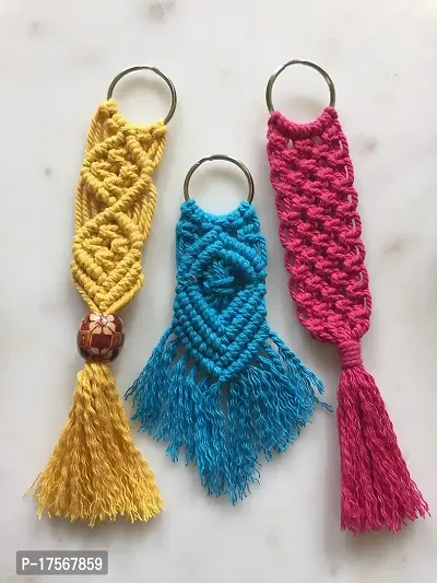 Hasta Kaushal Boho Macrame Keychain or Bag Accessories (Set of 3) (Magenta Yellow Blue)-thumb0