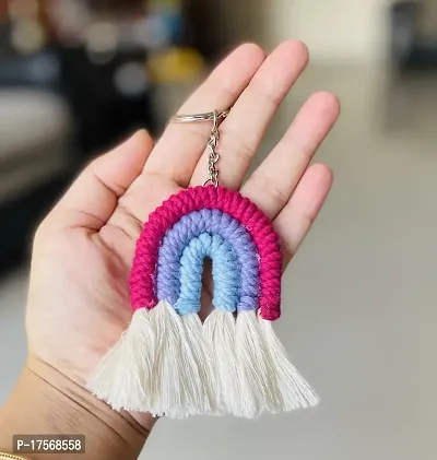 SUTRAM Macrame Rainbow Keychain for bike, home, office, kids, Gift - Set of 2 (Multicolor - Pink)-thumb0