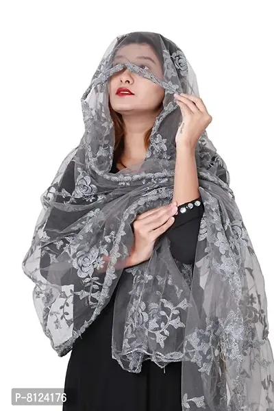 Mahayantra Creation Women's Net Embrodiery Dupatta- Grey-thumb3