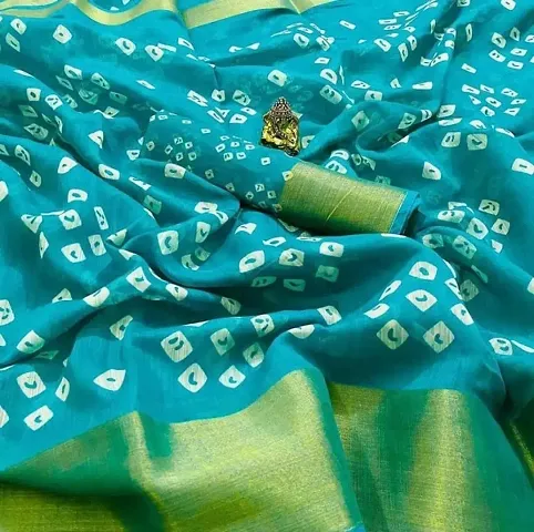 Cotton Bandhej Printed With Zari Border Saree With Blouse Piece