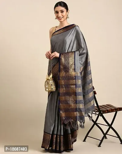 Trendy Silk Cotton Grey Wovrn Design Saree With Blouse Piece For Women