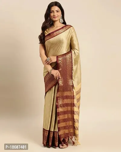 Trendy Silk Cotton Beige Wovrn Design Saree With Blouse Piece For Women