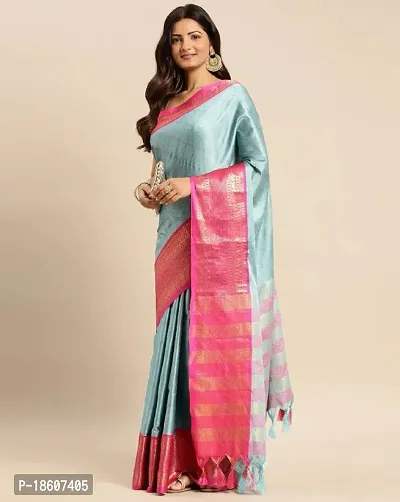 Trendy Silk Cotton Sky Blue Wovrn Design Saree With Blouse Piece For Women