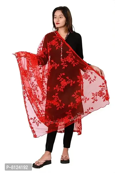 Mahayantra Creation Women's Net Embrodiery Dupatta- Red
