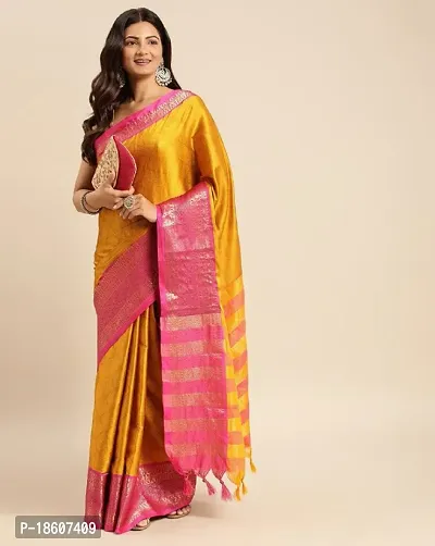 Trendy Silk Cotton Mustard Wovrn Design Saree With Blouse Piece For Women