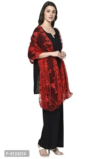 Mahayantra Creation Women's Nylon Net Embroidered Dupatta (Red)