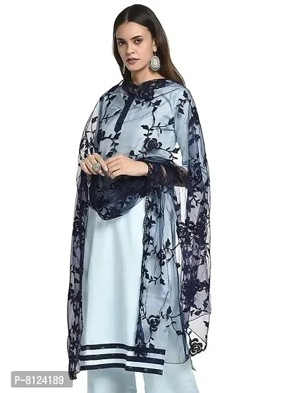 Mahayantra Creation Women's Nylon Net Embroidered Dupatta (Navy Blue)-thumb0